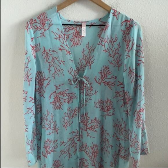 Victoria's Secret Coral Print Ocean Blue Red Kimono Cover Up Swim Beach Pool S/M - Picture 2 of 8